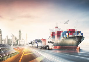 Modern multimodal transport system showing solar energy, bullet train, cargo truck, container ship, airplane, and skyline symbolizing India’s infrastructure growth.