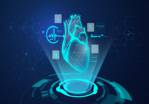 Digital holographic heart with futuristic medical technology icons representing healthcare innovation, cardiology diagnostics, and MedTech advancements.