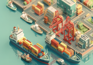 An illustrated view of cargo ships, containers, and port cranes at an Indian maritime hub, showcasing key port-led development zones across India. 
