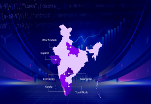 Illustrated India map highlighting key states, Karnataka, Telangana, Uttar Pradesh, Tamil Nadu, Kerala and Gujarat, set against a futuristic digital interface, depicting states driving India’s IT and ITeS growth.  