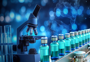 Advanced biotechnology lab with microscope, vaccine vials, test tubes, and DNA structure in the background, representing pharmaceutical research, drug development, and medical innovation.