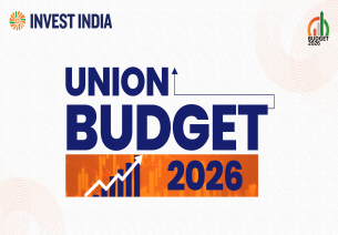 Union Budget 2026 graphic with upward growth chart representing India’s economic and investment priorities.