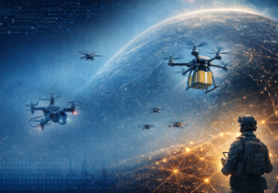 Defence personnel operating advanced drones over a digitally connected globe, symbolising India’s expanding UAV ecosystem, military surveillance strength, and aerospace innovation.