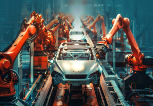 Automated automobile manufacturing line in India with robotic arms assembling car bodies in a modern automotive production facility.