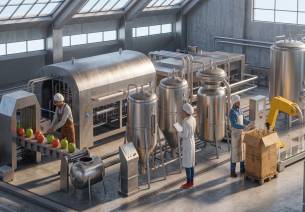 a factory setup showcasing workers around food processing machinery. 